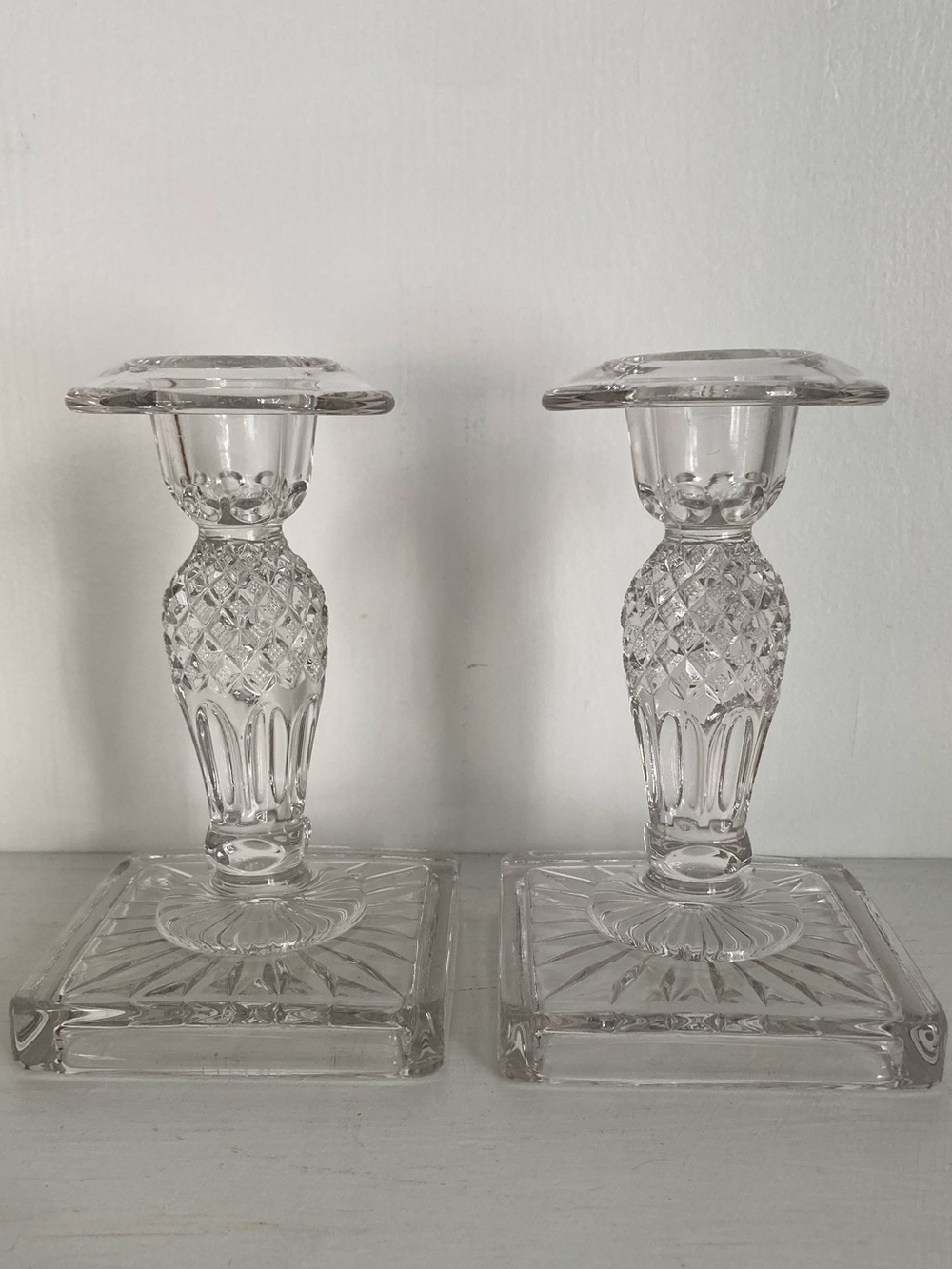 Vintage | Westmoreland Pair of Clear Glass Cut-Style Candle Holders